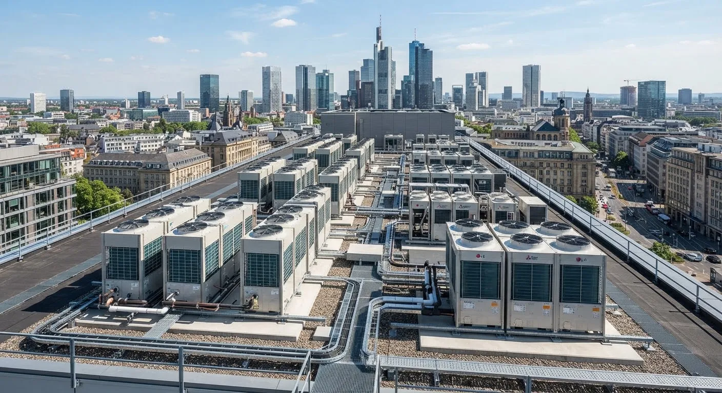 Commercial air conditioning outdoor units on a city rooftop