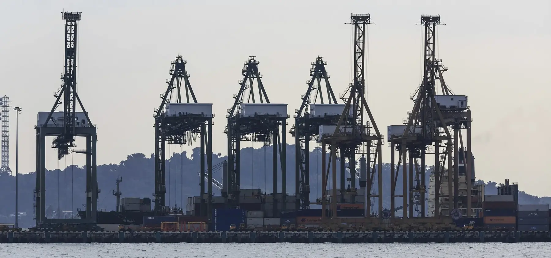 Row of container gantry cranes in a seaport